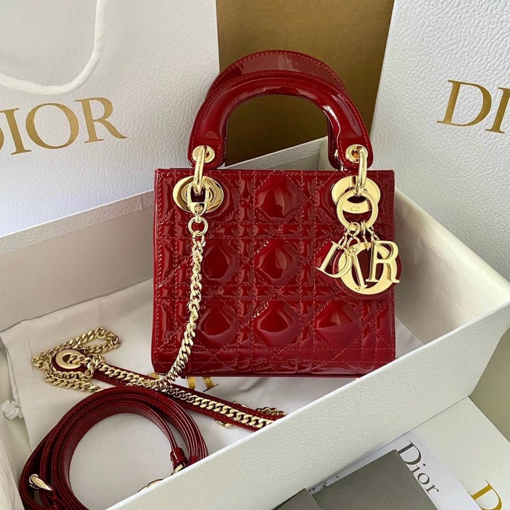 Lady Dior Red Patent Mini Bag with Gold Chain
